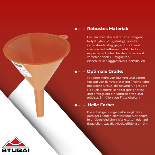 Stubai - Trichter PE Orange, Höhe 180 mm, Auslauf 15 mm - Robuster und Chemikalienbeständiger Trichter BiLi SHOP