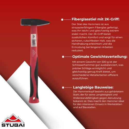 Stubai - Schlosserhammer 500 g mit Fiberglasstiel 2K - Robust und Ergonomisch für Präzise Schläge BiLi SHOP