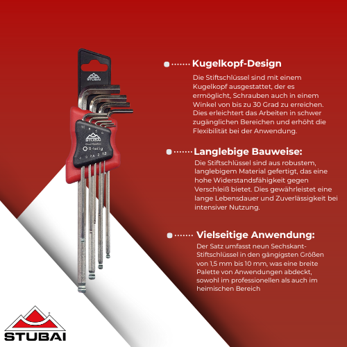 Stubai - Sechskant-Stiftschlüssel-Satz 2250 Lang mit Kugelkopf, 1,5-10 mm, 9-teilig - Präzise und Langlebige Werkzeuge BiLi SHOP