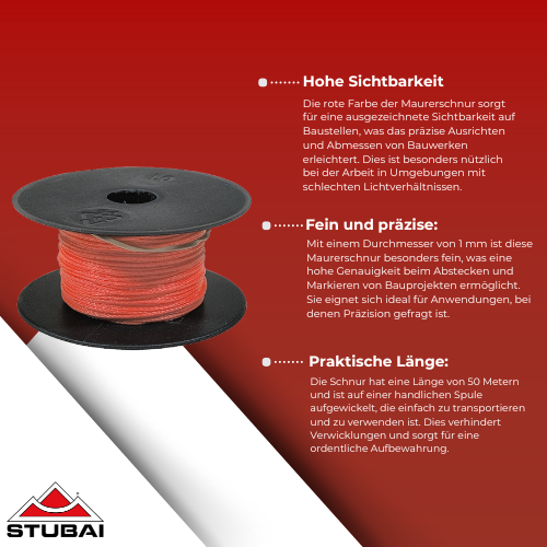 Stubai - Maurerschnur auf Spule, Ø 1 mm, Rot, 50 m - Robuste Markierschnur für präzise Bauarbeiten BiLi SHOP